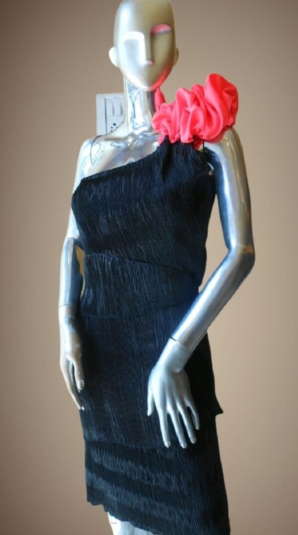 Black One-Shoulder Structured Dress with Fuchsia Pink Gather