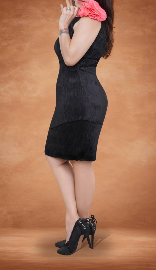 Black One-Shoulder Structured Dress with Fuchsia Pink Gather - Image 2